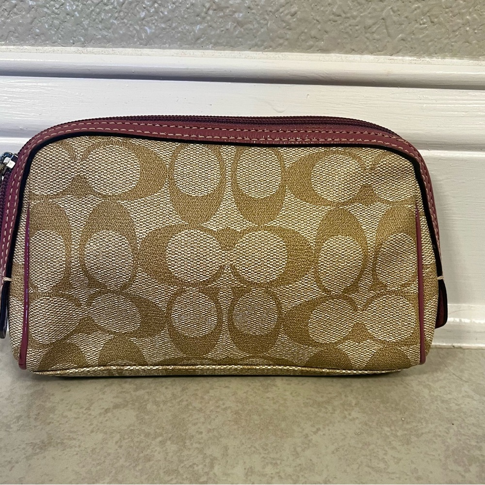 Coach Beige and Burgundy Cosmetic Bag